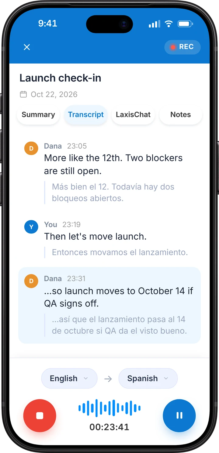 Laxis recording with a live transcript on iPhone