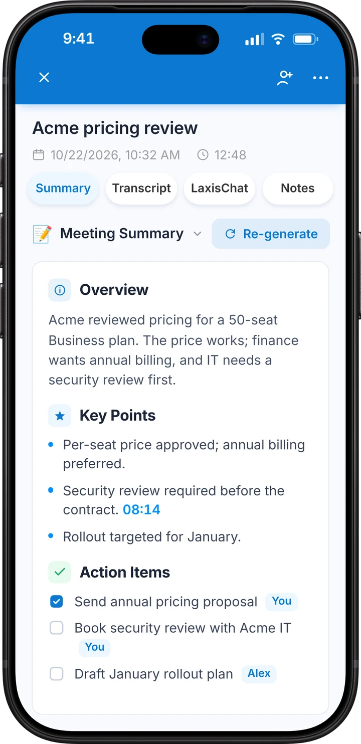 The meeting summary and action items in Laxis on iPhone