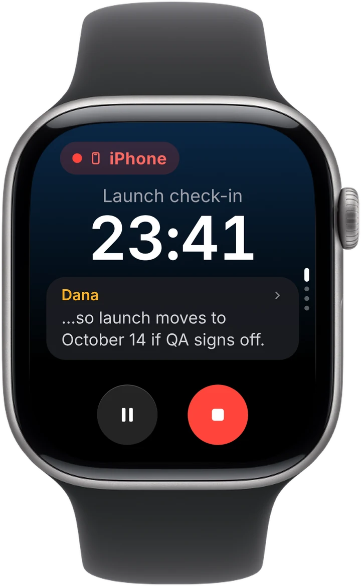Apple Watch showing the timer and live transcript of a recording running on iPhone