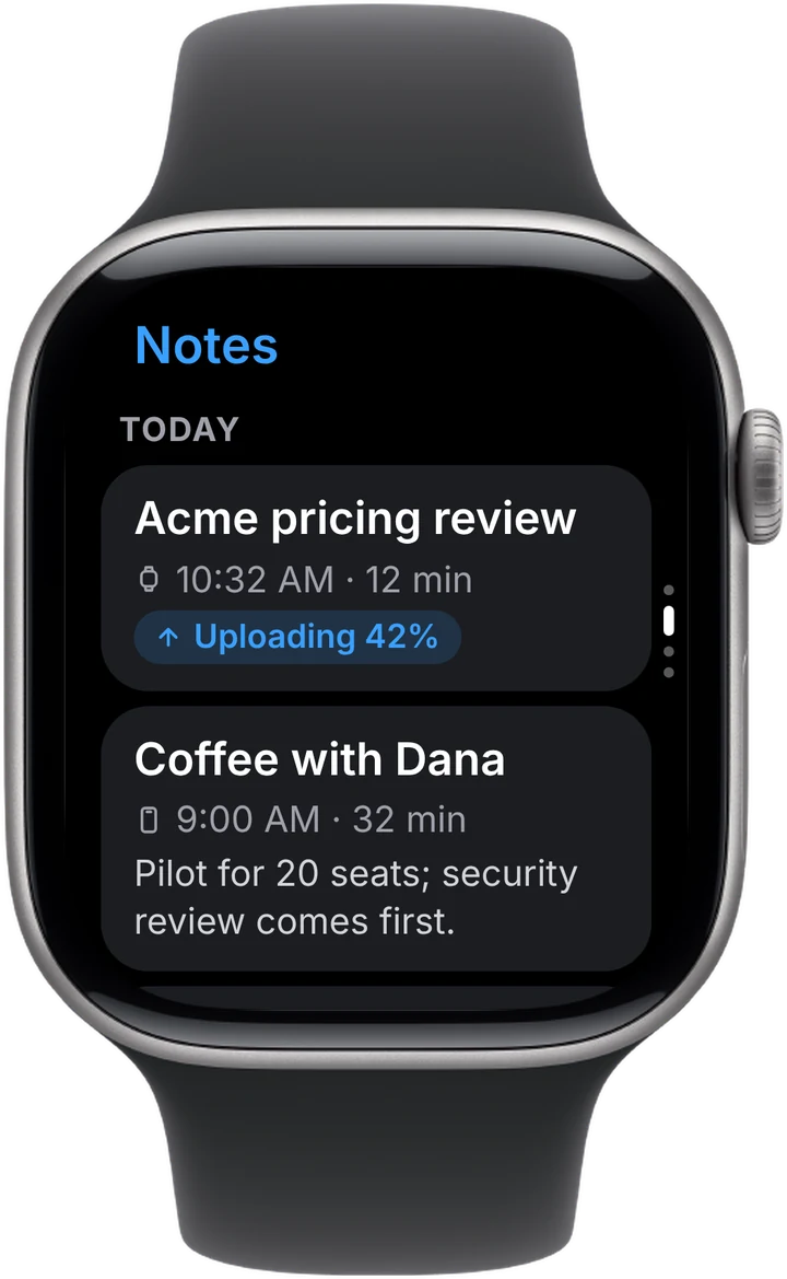 Meeting notes with one-line summaries on Apple Watch