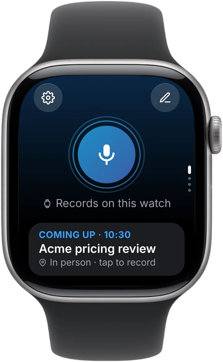 Laxis on Apple Watch showing the next meeting, ready to record